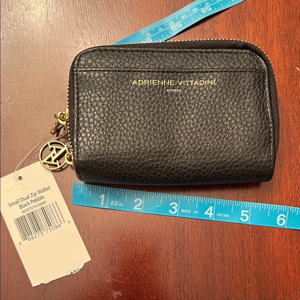 Adrienne Vittadini Black Pebble Compact Zip Card Wallet with Gold Accents